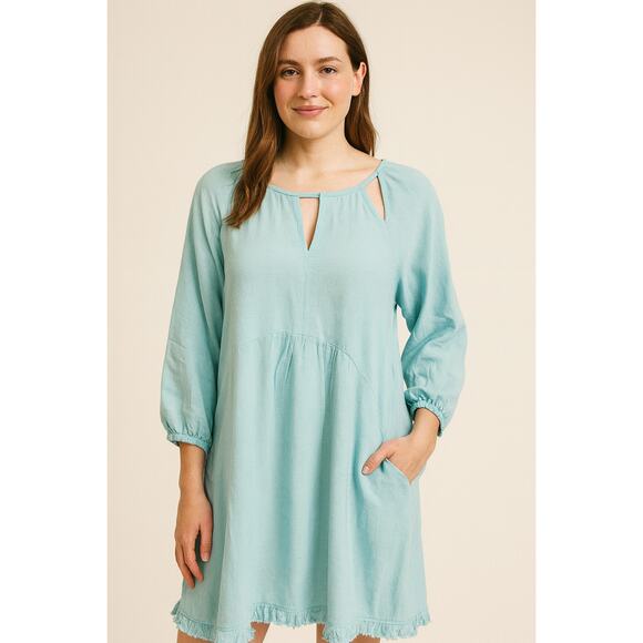 UMGEE raglan peasant botique dress with pockets blue guaze linen blend EUC S - Picture 1 of 10